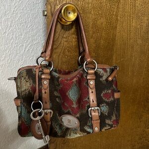 Fossil Tapestry Carpet Bag Leather Purse Good Condition!